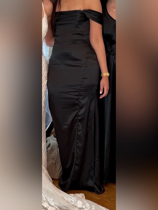 Azazie Black Off-Shoulder Satin Maxi Dress